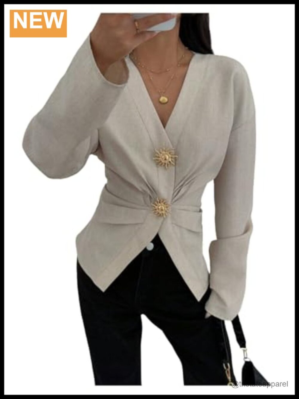 Slim Fit Long Sleeve Tie Back Blouse V-Neck Metal Decor
